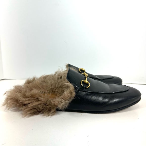 Gucci Princeton Black Leather Fur Horsebit Gold Detail Slip On Mules 39.5 US 9.5 - Picture 4 of 15
